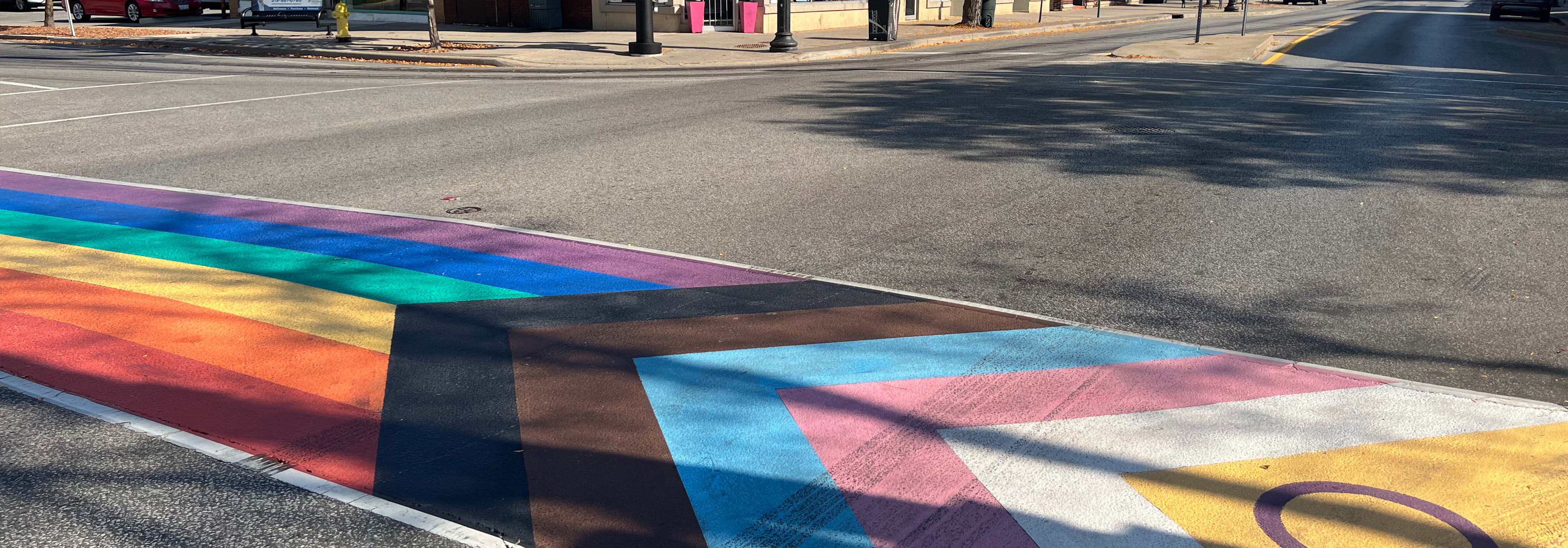2SLGBTQIA+ painted crosswalk in the Ottawa Street Business Improvement Area (BIA) Corridor, 2023